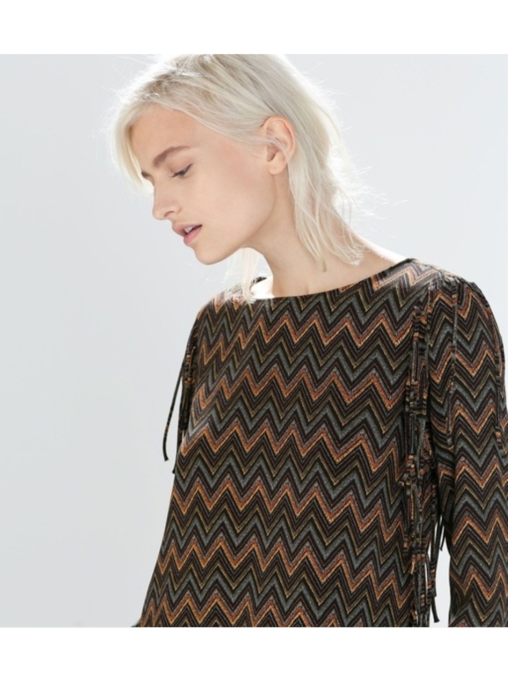 Zara Woman Boho Western Festival Viscose Geometric Chevron Fringe Blouse Top S